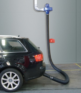 APN wall mounted vehicle exhaust fume extraction system attached to a car; shows bracket to hang hose, and wall mounting